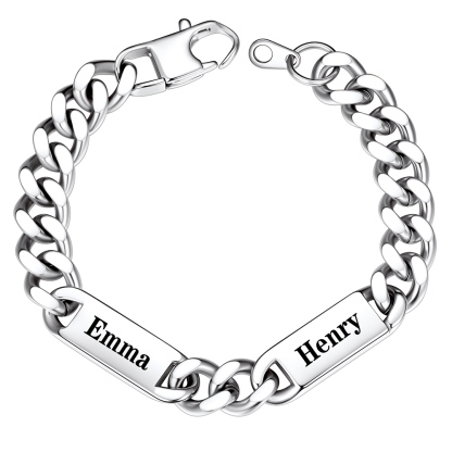9mm Silver Personalized 2 Names Cuban Chain Bracelet with Engravable Bars