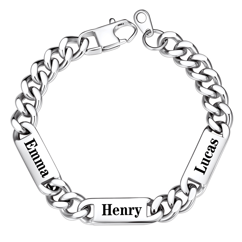 9mm Silver Personalized Multi-Name Cuban Chain Bracelet with 3 Engravable Bars