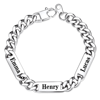 9mm Silver Personalized Multi-Name Cuban Chain Bracelet with 3 Engravable Bars