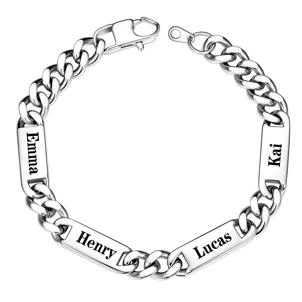 9mm Silver Personalized Multi-Name Cuban Chain Bracelet with 4 Engravable Bars