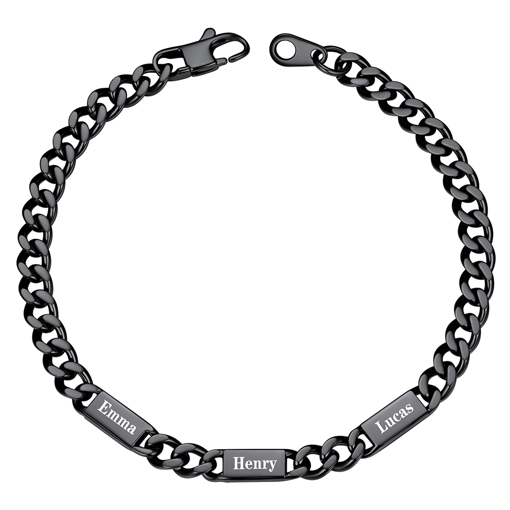 Black Personalized 3 Names Cuban Chain Bracelet with Engravable Bars