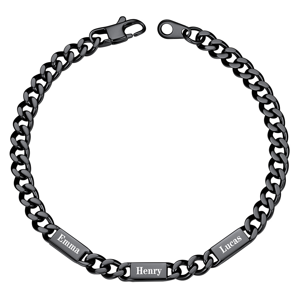Black Personalized 3 Names Cuban Chain Bracelet with Engravable Bars