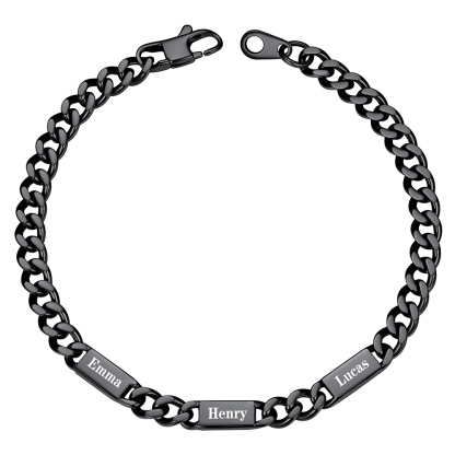 Black Personalized 3 Names Cuban Chain Bracelet with Engravable Bars