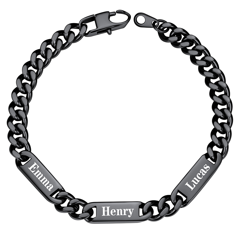 7mm Black Personalized 3 Names Cuban Chain Bracelet with Engravable Bars