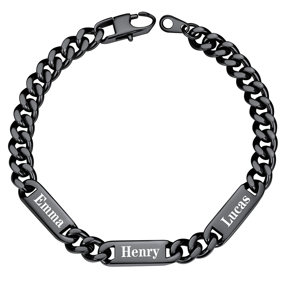 7mm Black Personalized 3 Names Cuban Chain Bracelet with Engravable Bars