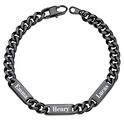 7mm Black Personalized 3 Names Cuban Chain Bracelet with Engravable Bars