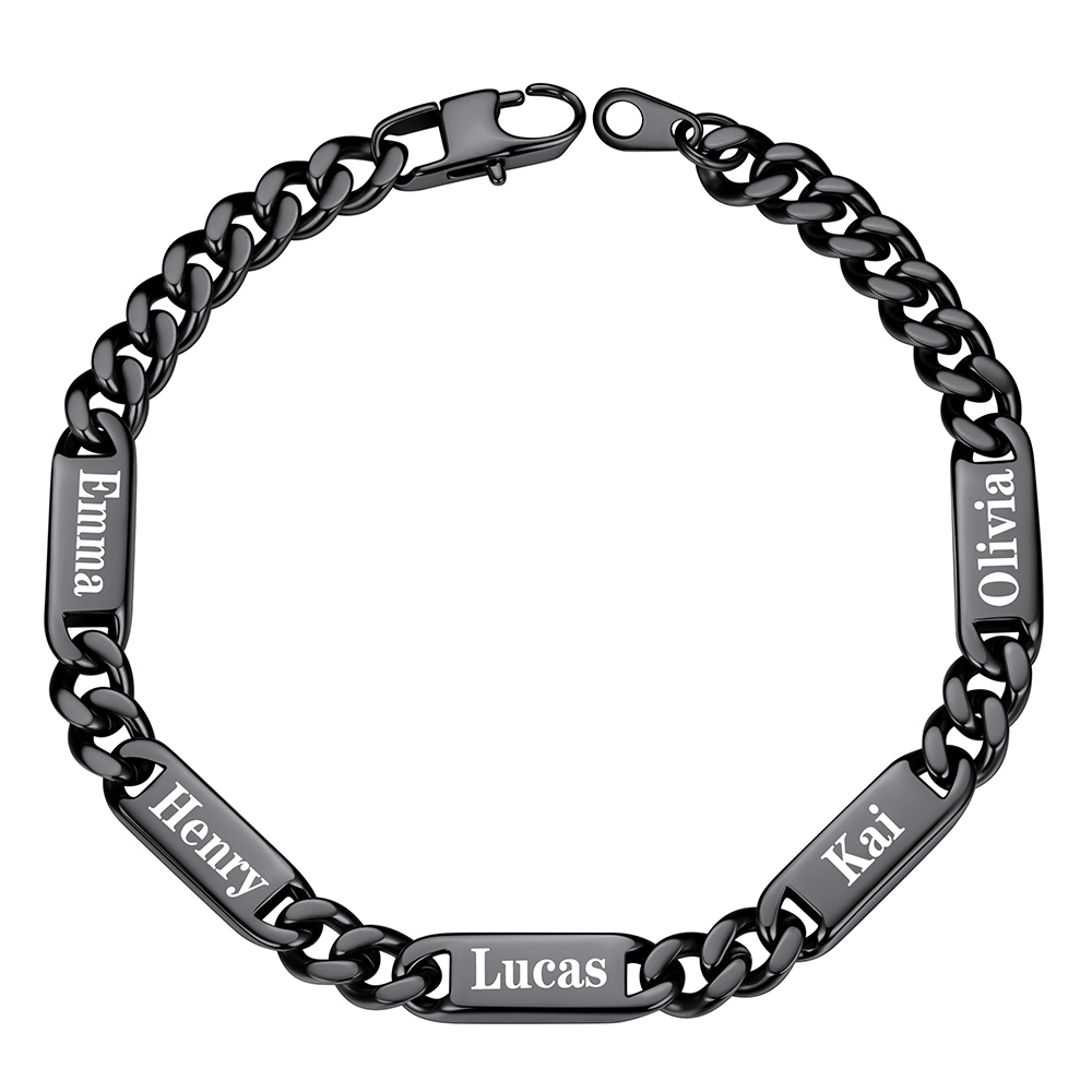 7mm Black Personalized 5 Names Cuban Chain Bracelet with Engravable Bars