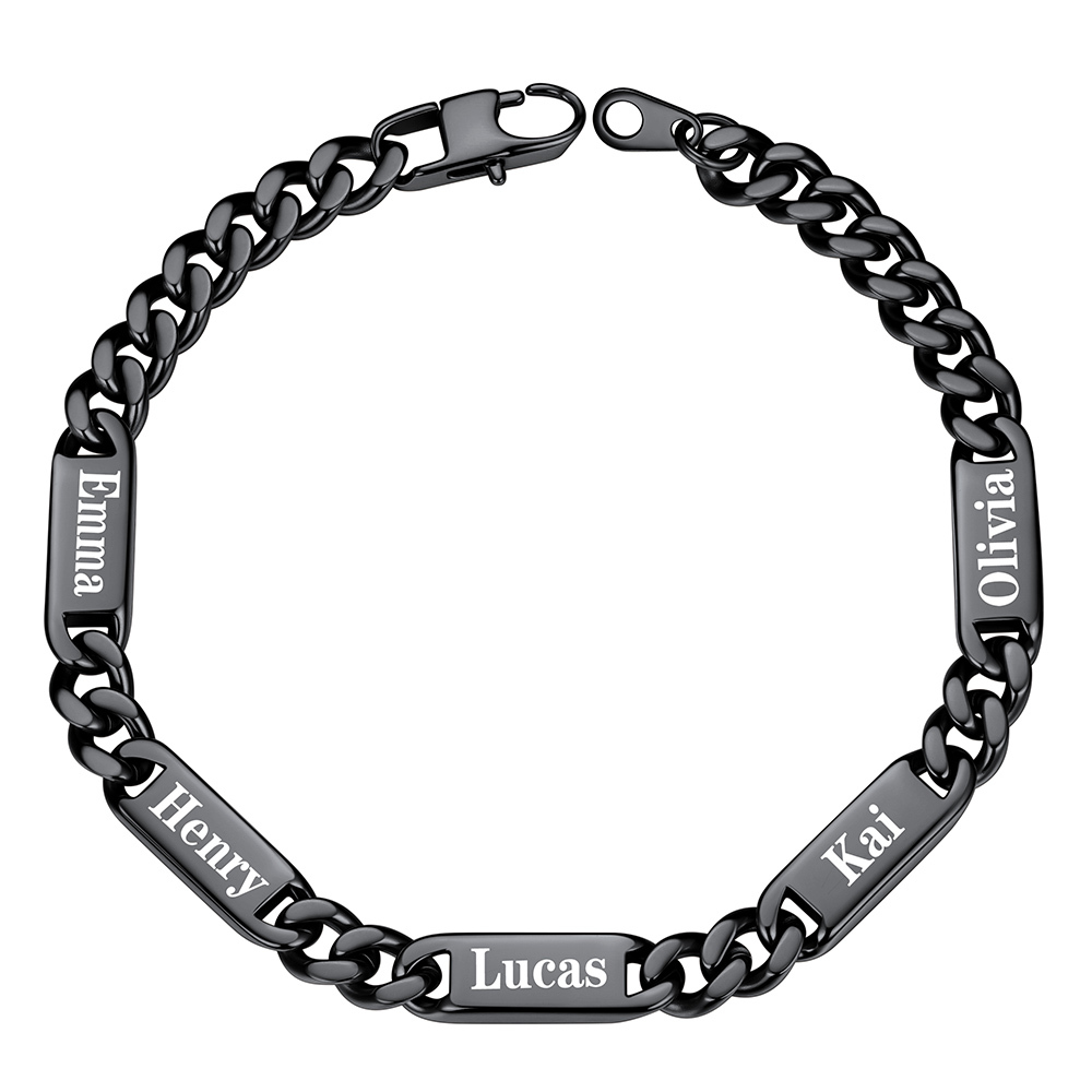7mm Black Personalized 5 Names Cuban Chain Bracelet with Engravable Bars