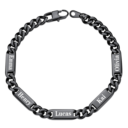 7mm Black Personalized 5 Names Cuban Chain Bracelet with Engravable Bars