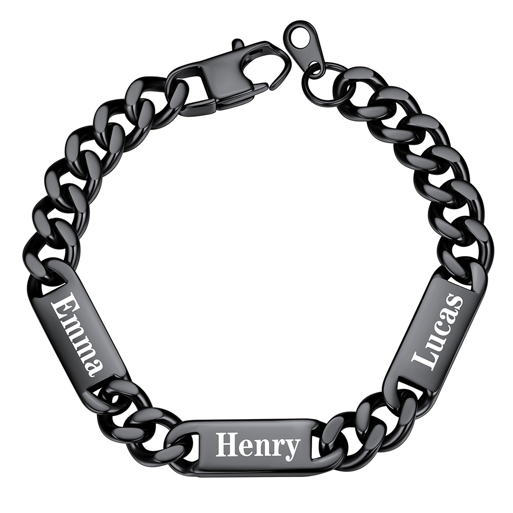 9mm Black Personalized Multi-Name Cuban Chain Bracelet with Engravable Bars