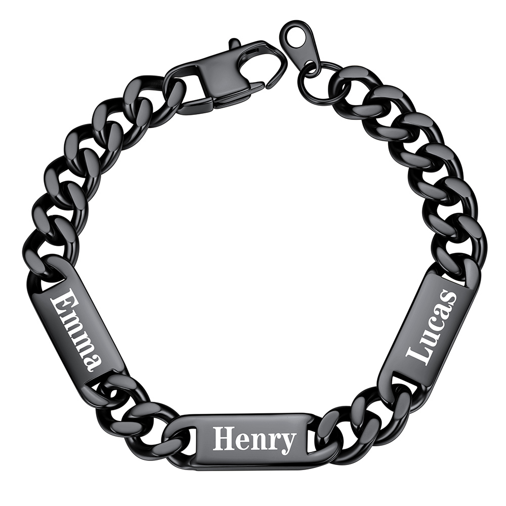 9mm Black Personalized Multi-Name Cuban Chain Bracelet with Engravable Bars