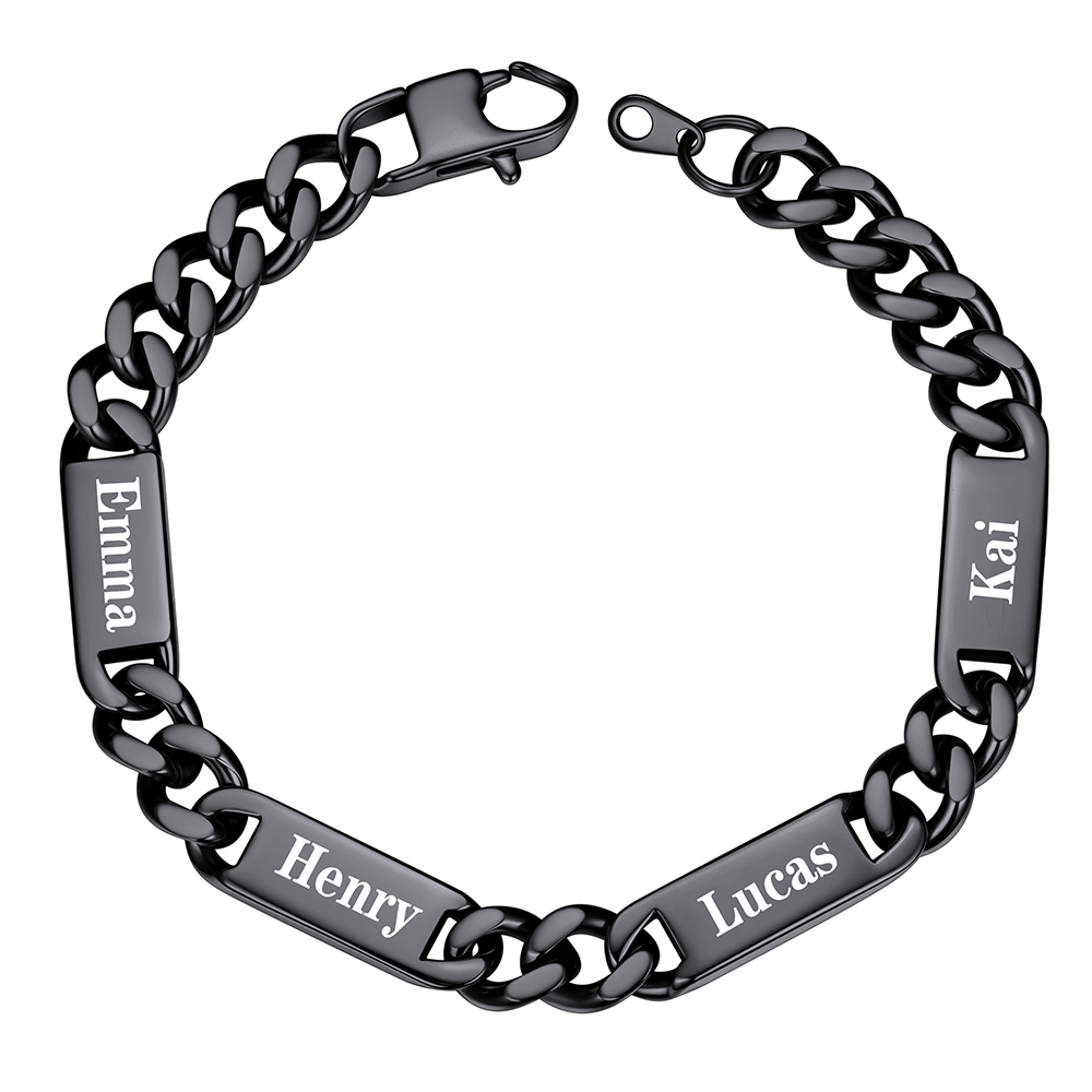 9mm Black Personalized 4 Names Cuban Chain Bracelet with Engravable Bars