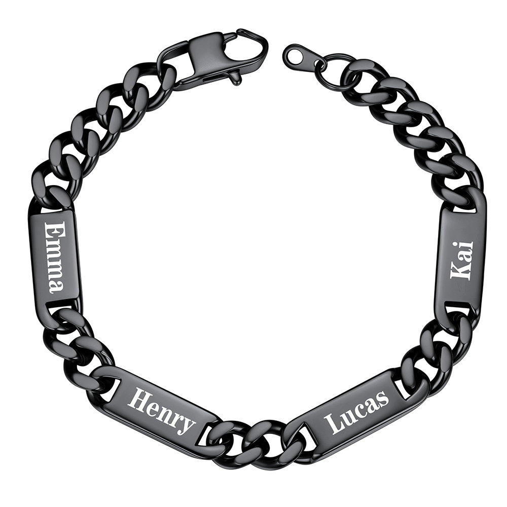 9mm Black Personalized 4 Names Cuban Chain Bracelet with Engravable Bars