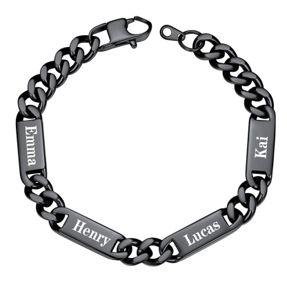 9mm Black Personalized 4 Names Cuban Chain Bracelet with Engravable Bars