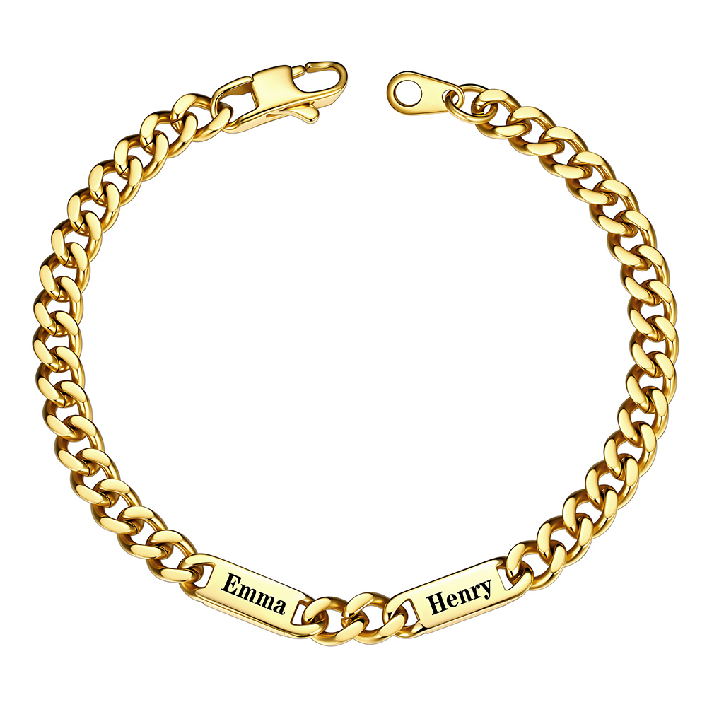 Gold Personalized Multi-Name Cuban Chain Bracelet with Engravable 2 Bars