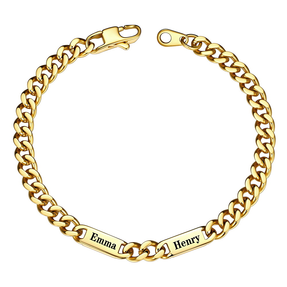 Gold Personalized Multi-Name Cuban Chain Bracelet with Engravable 2 Bars