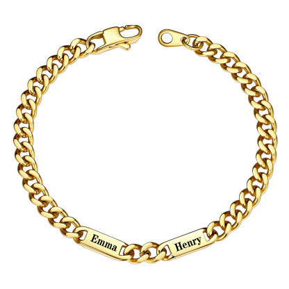 Gold Personalized Multi-Name Cuban Chain Bracelet with Engravable 2 Bars