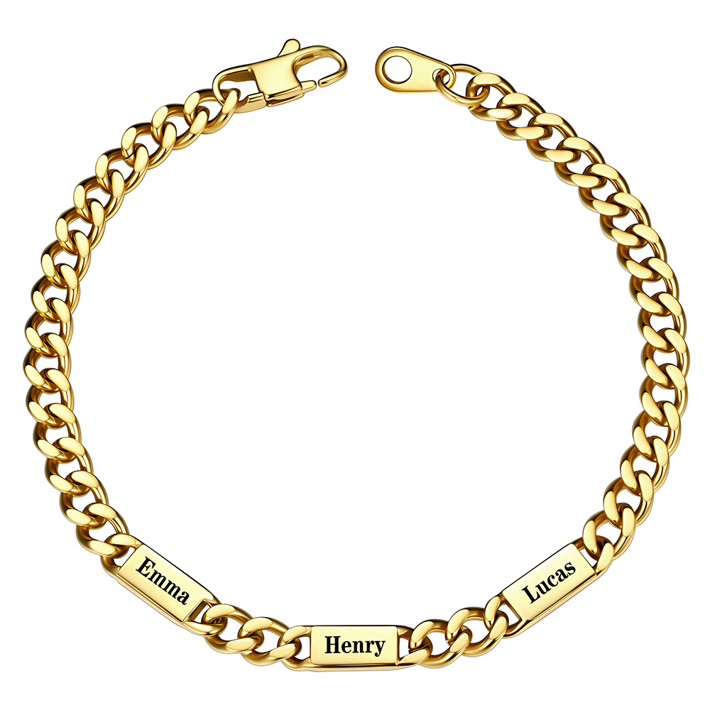 Gold Personalized Multi-Name Cuban Chain Bracelet with 3 Engravable Bars