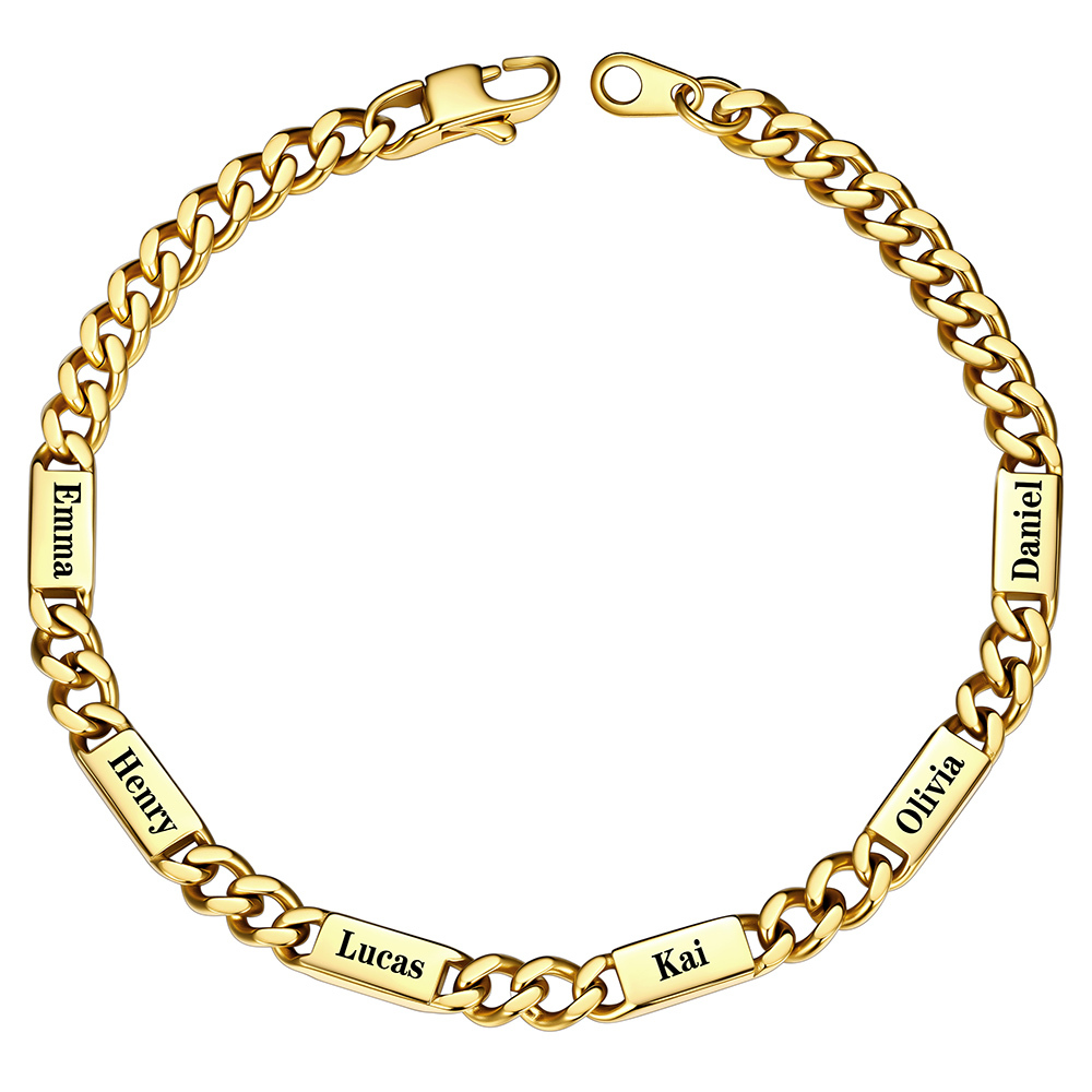 Gold Personalized 6 Names Cuban Chain Bracelet with Engravable Bars