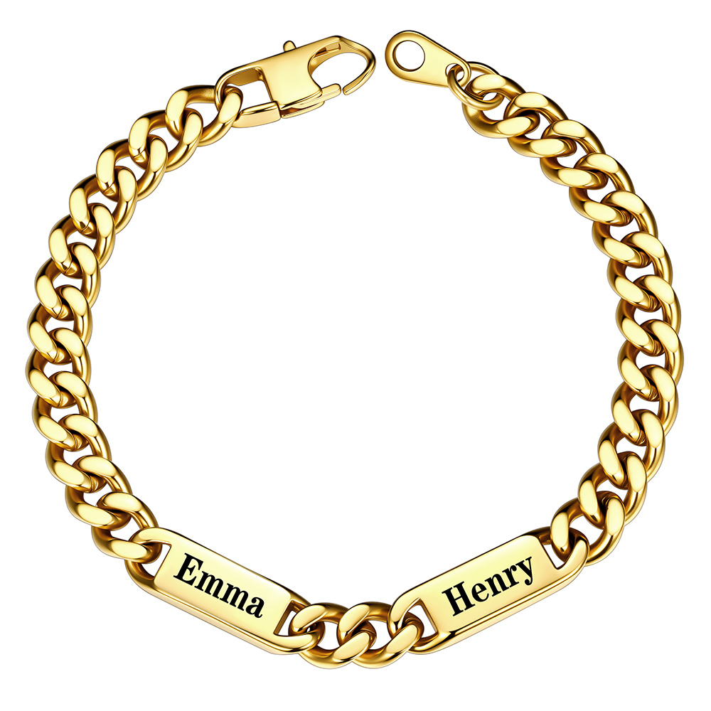 7mm Gold Personalized Multi-Name Cuban Chain Bracelet with 2 Engravable Bars