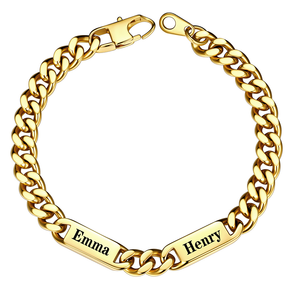7mm Gold Personalized Multi-Name Cuban Chain Bracelet with 2 Engravable Bars