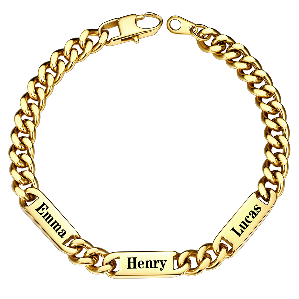Gold 7mm Personalized Multi-Name Cuban Chain Bracelet with Engravable Bars