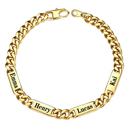 Gold 7mm Personalized Multi-Name Cuban Chain Bracelet with 4 Engravable Bars