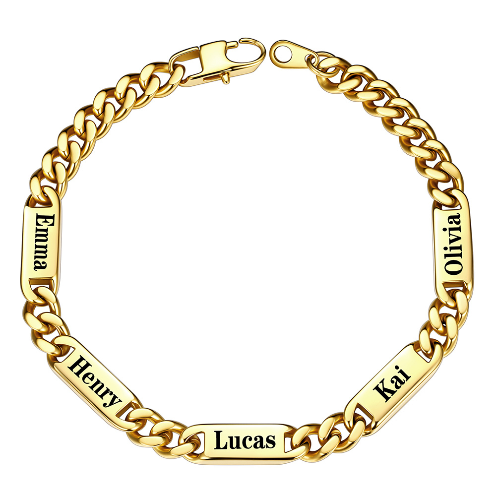 Gold 7mm Personalized 5 Name Cuban Chain Bracelet with Engravable Bars