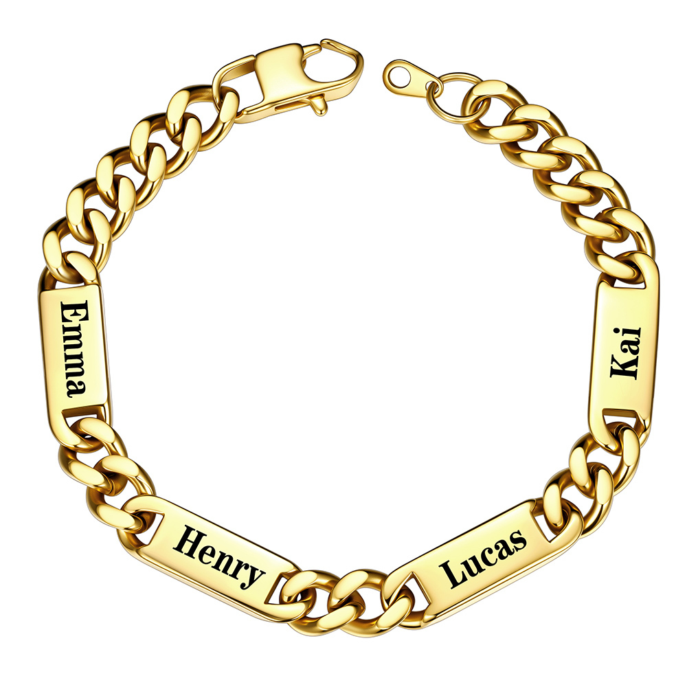 Personalized Gold Name Cuban Chain Bracelet with Engravable Bars