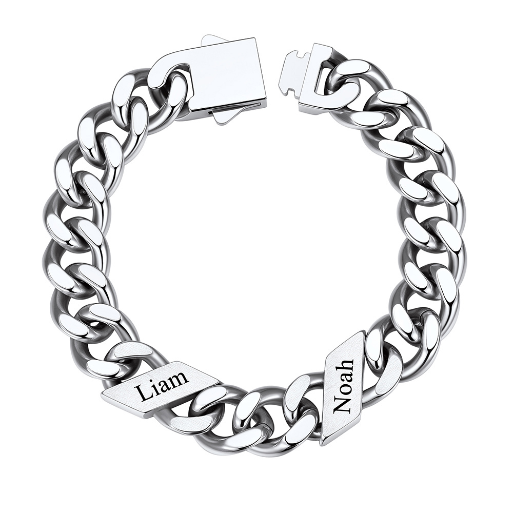 Custom 2 Names Cuban Link Bracelet 12MM Silver