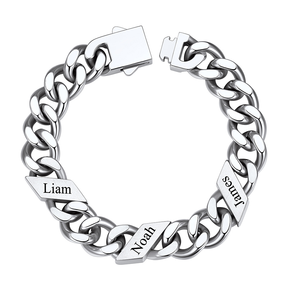 Custom 3 Names Cuban Link Bracelet 12MM Silver
