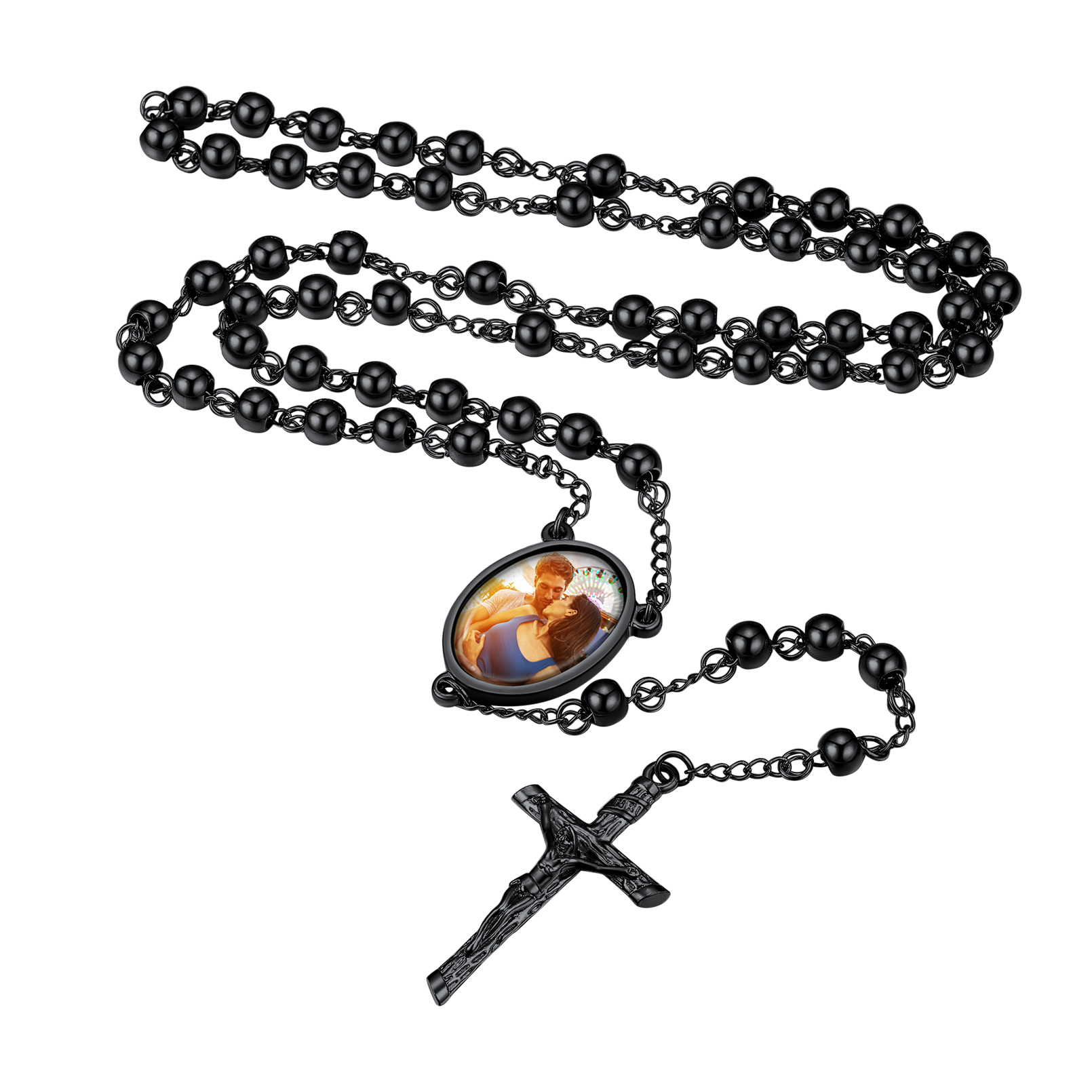 Personalized Rosary with Photo and Custom Engraving Black
