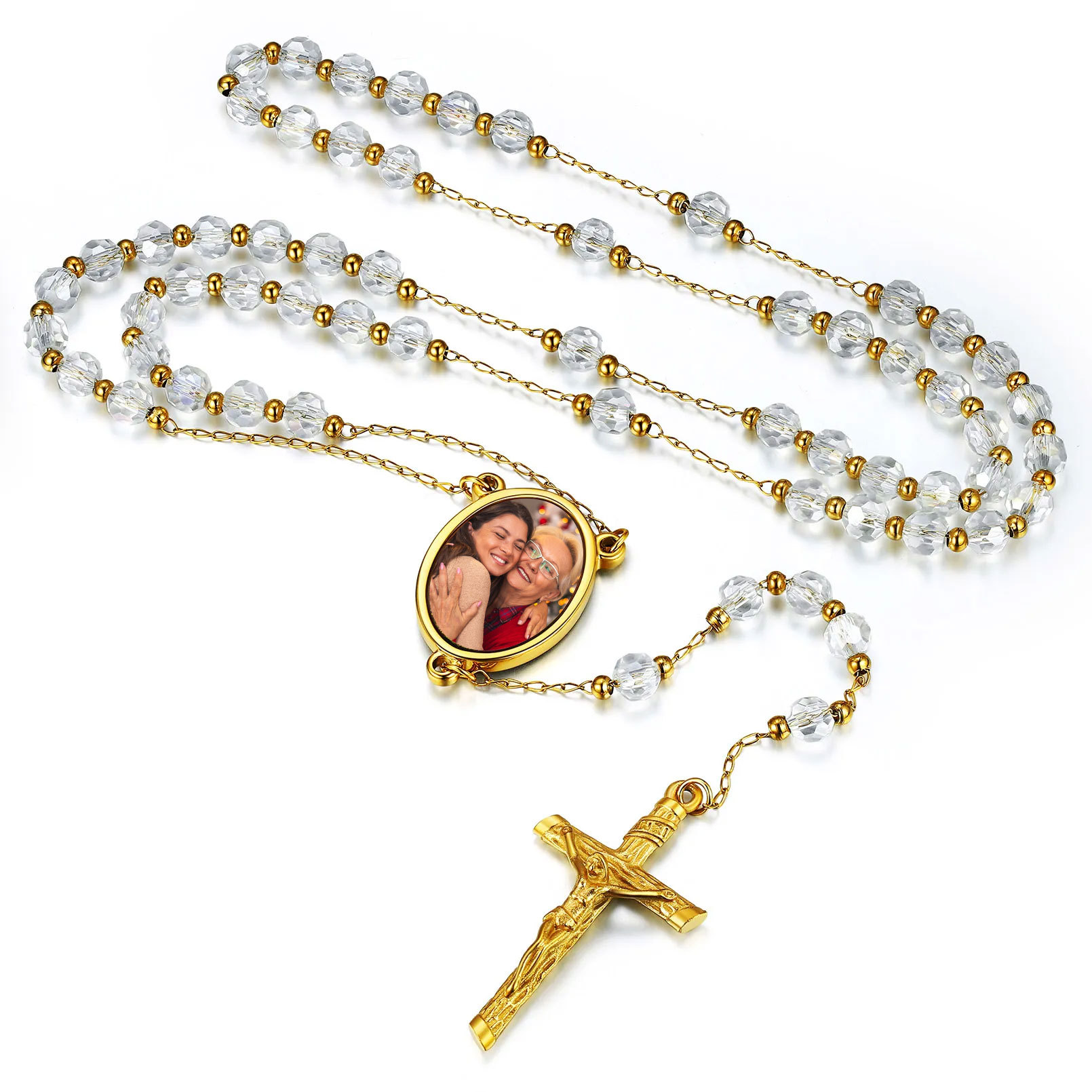 Personalized Picture Custom Rosary Beads Catholic Crucifix Cross Y Necklace