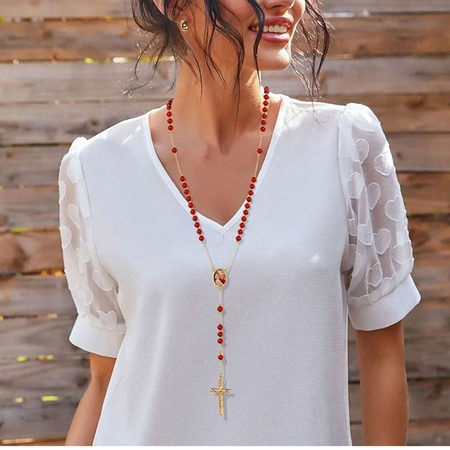 Personalized Picture Custom Rosary Beads Catholic Crucifix Cross Y Necklace