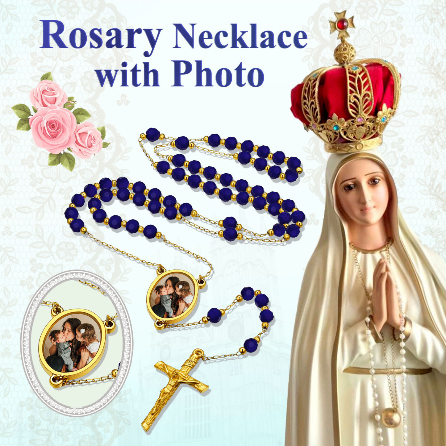 Personalized Picture Custom Rosary Beads Catholic Crucifix Cross Y Necklace