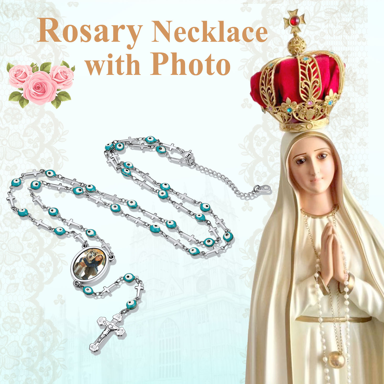 Personalized Rosary Beads Catholic Cross Necklace for Women Men 