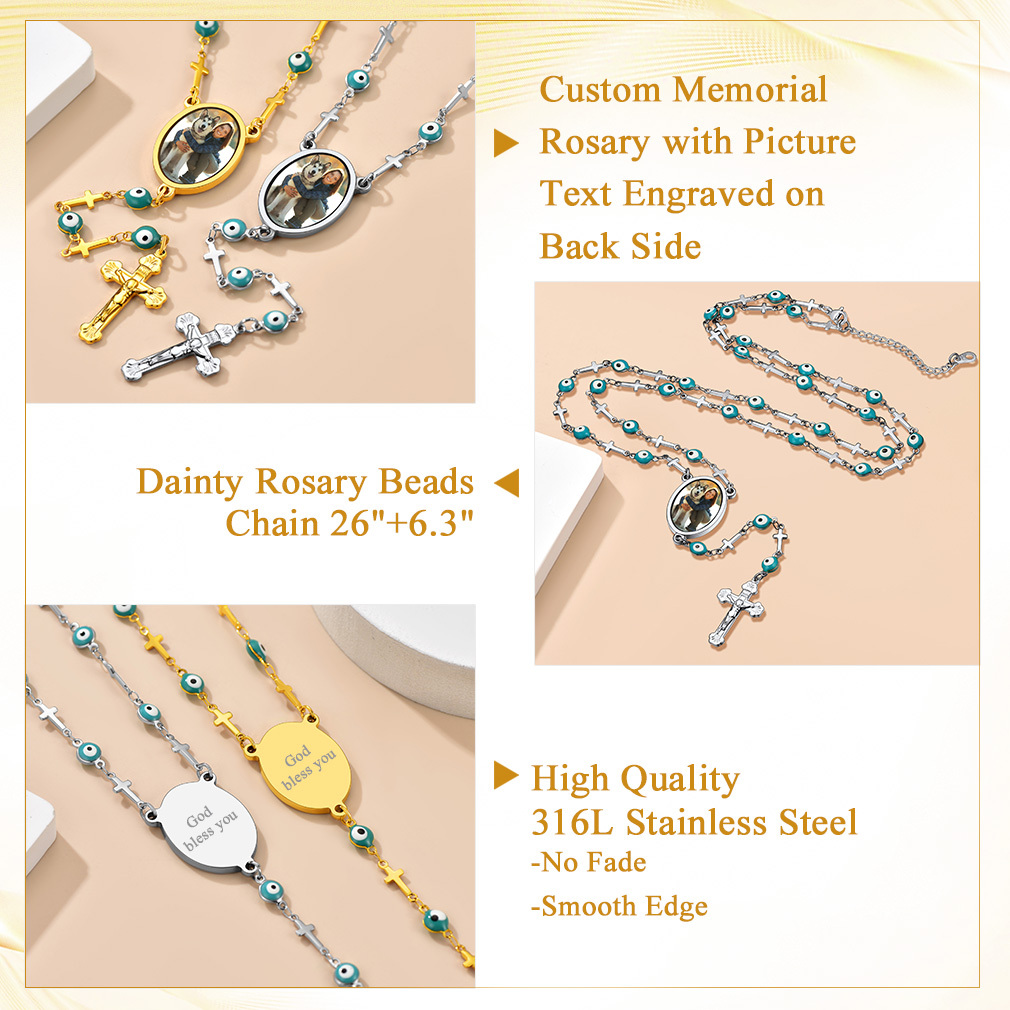 Personalized Photo Rosary Beads Catholic Cross Necklace for Women Men  high quality