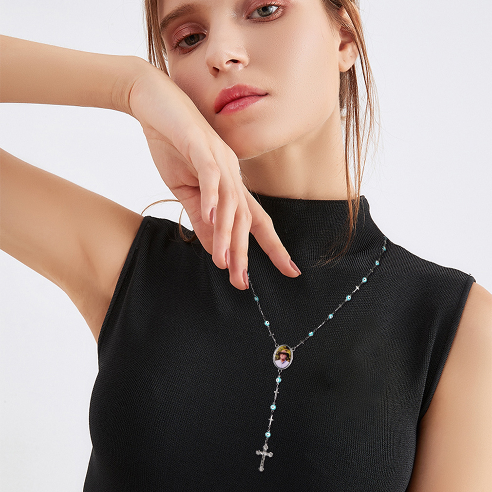Photo Rosary Beads Catholic Cross Necklace for Women Men model