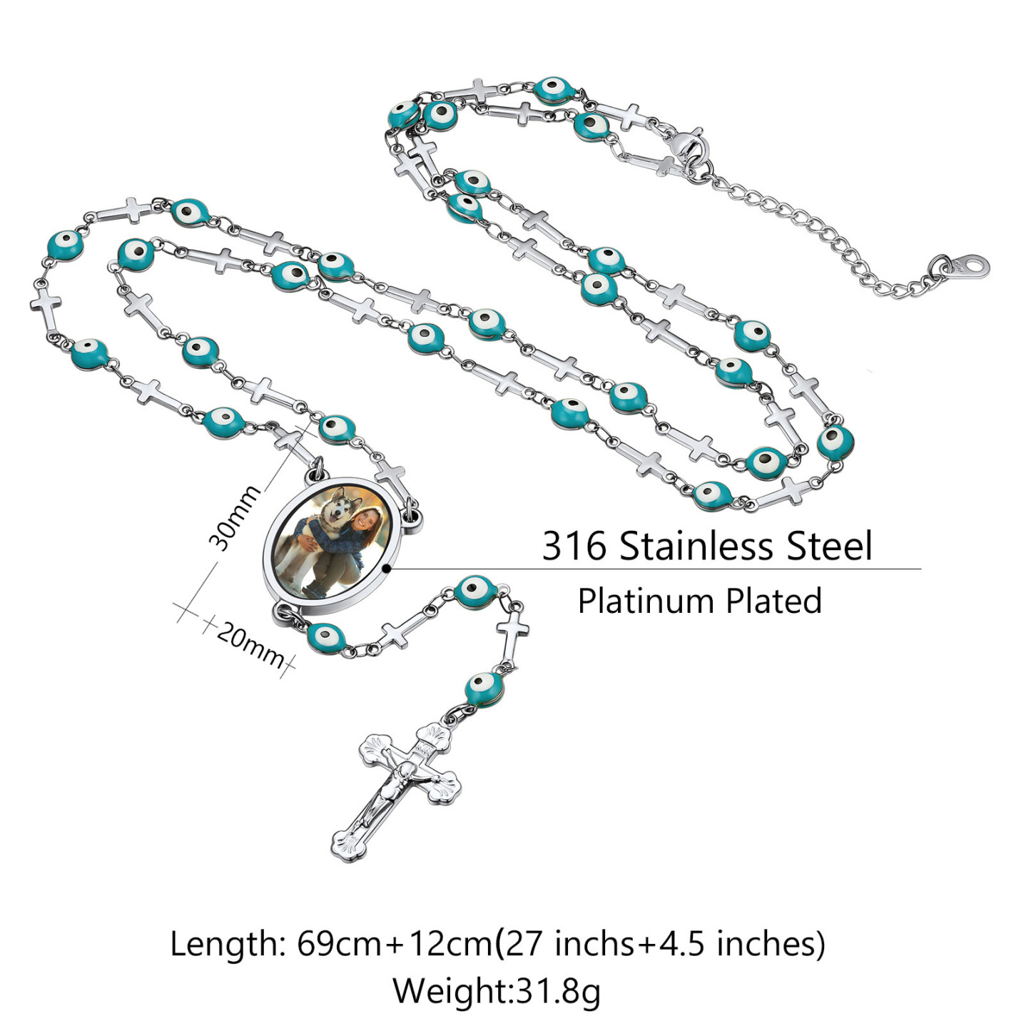 Personalized Photo Rosary Beads Catholic Cross Necklace for Women Men detail