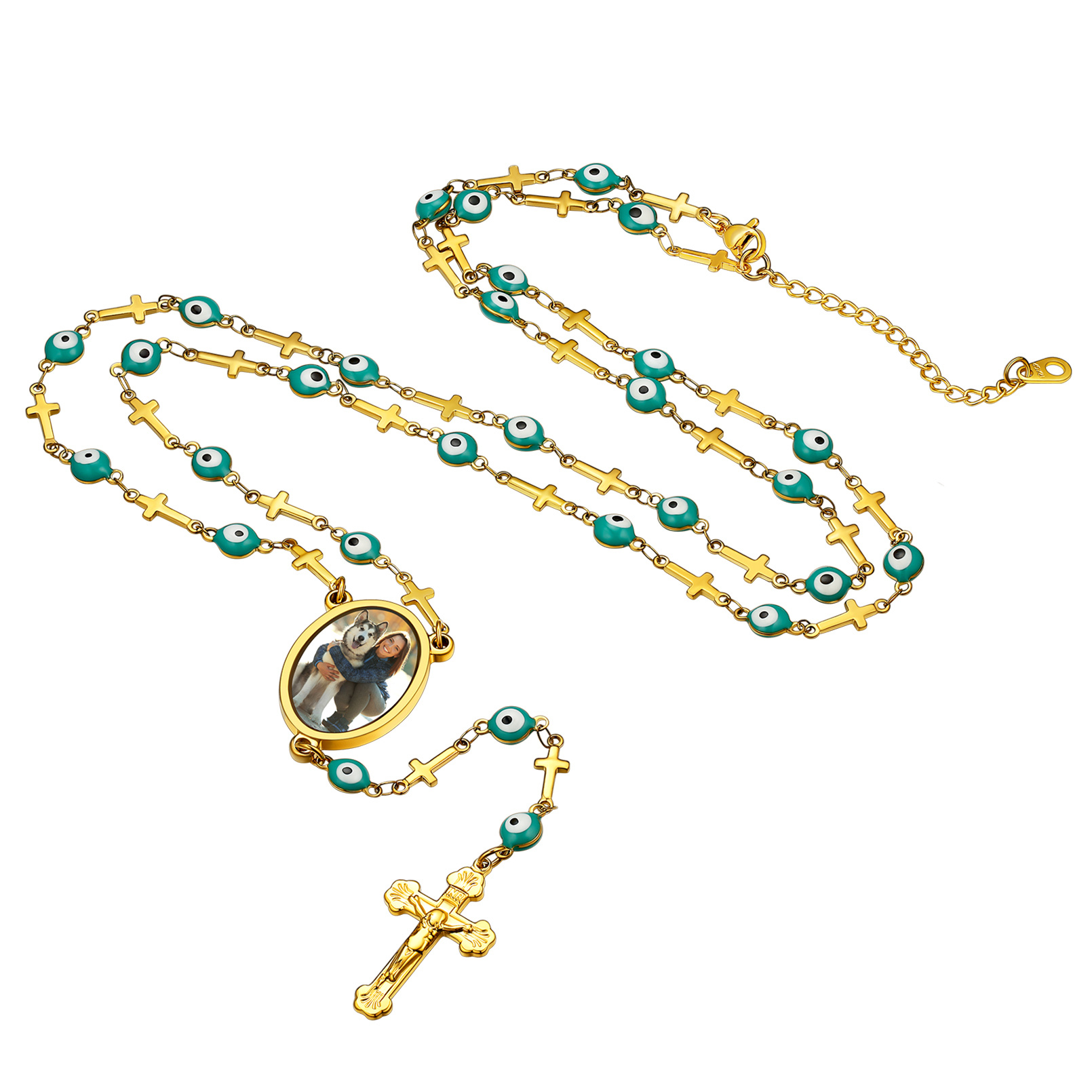 Personalized Photo Rosary Beads Catholic Cross Necklace for Women Men gold