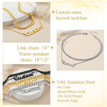 Custom Name Plate Layered Cuban Chain Necklace detail