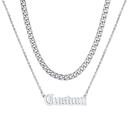 Custom Name Plate Layered Cuban Chain Necklace silver