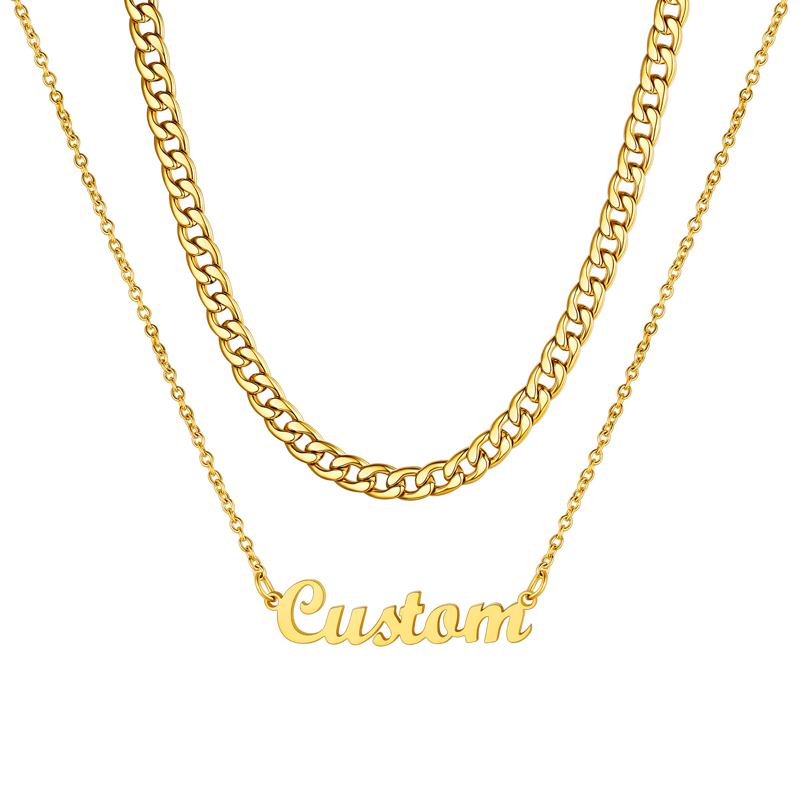 Custom Name Plate Layered Cuban Chain Necklace for Women