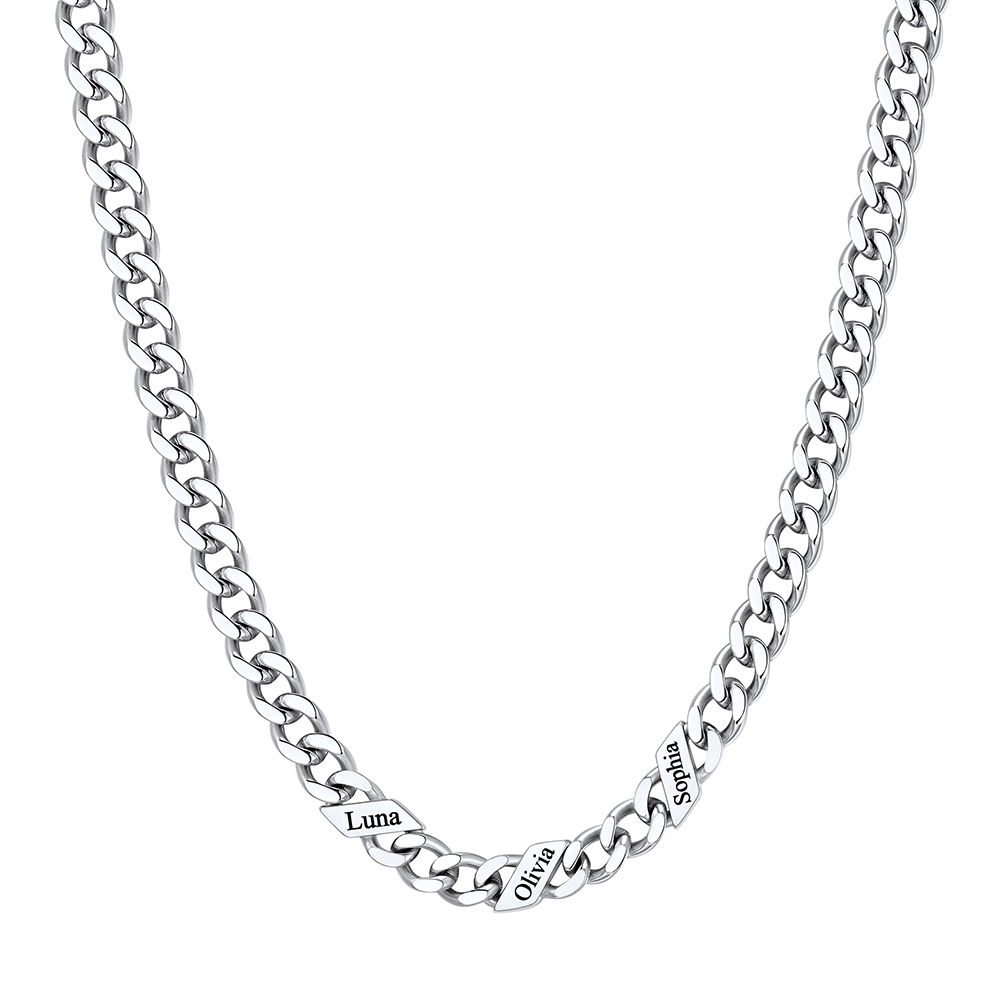 Custom 3 Names Cuban Chain Necklace 5MM Silver