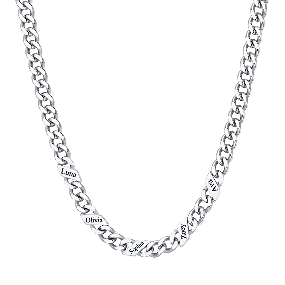 Custom 5 Names Cuban Chain Necklace 5MM Silver