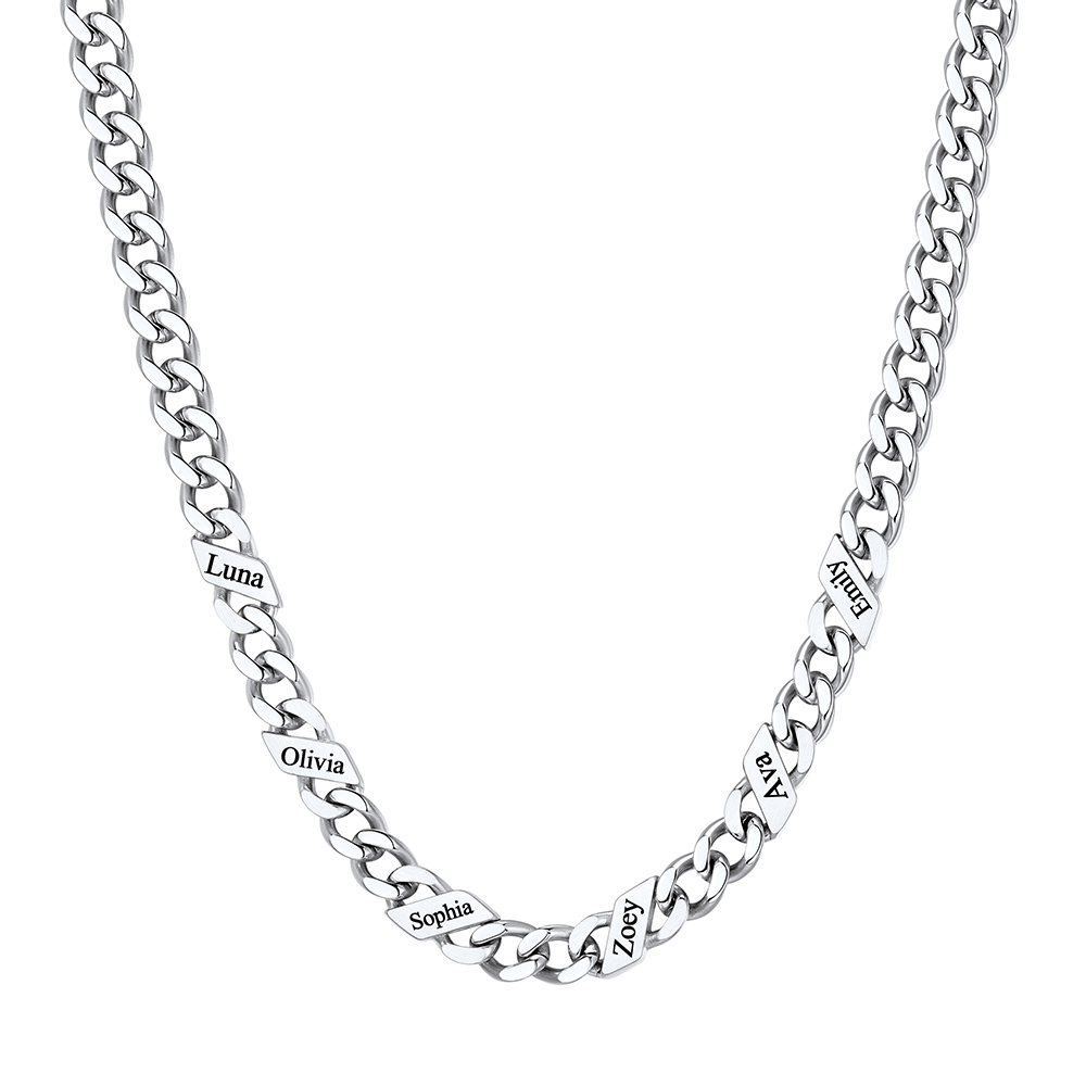 Custom 6 Names Cuban Chain Necklace 5MM Silver