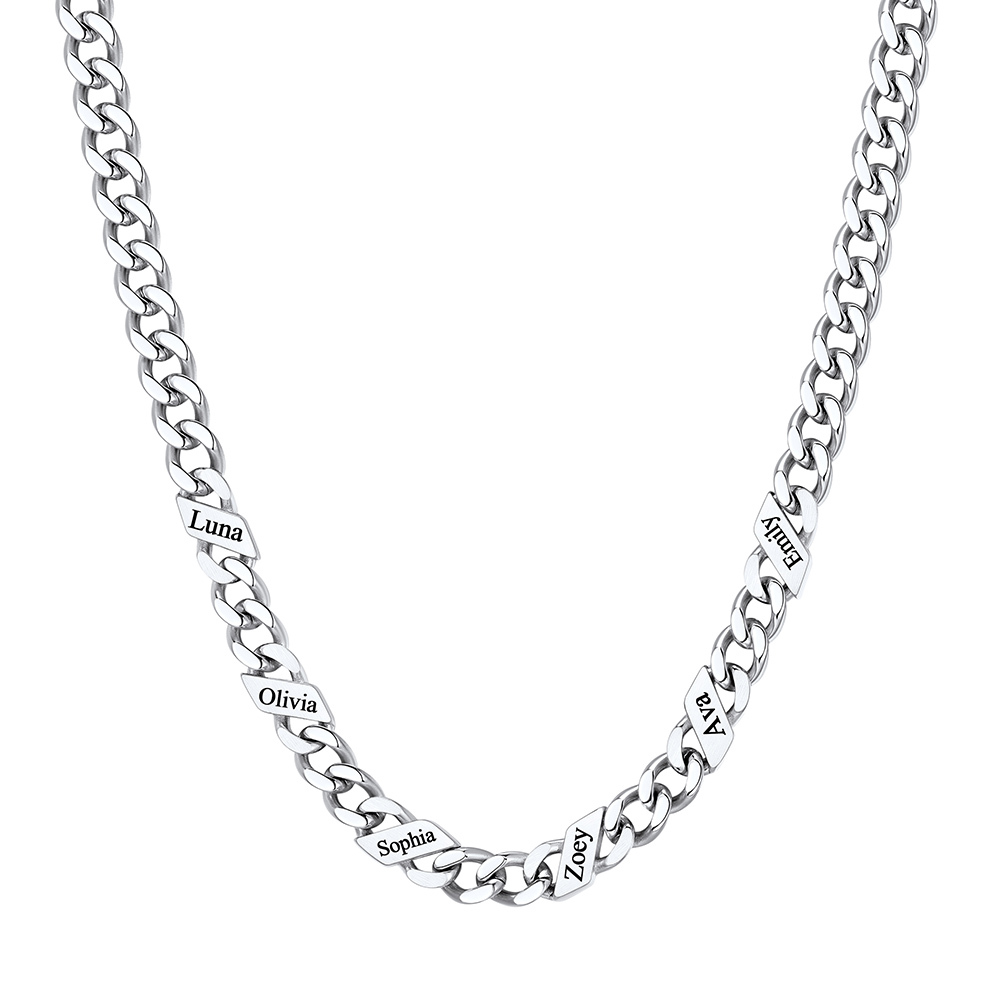 Custom 6 Names Cuban Chain Necklace 5MM Silver