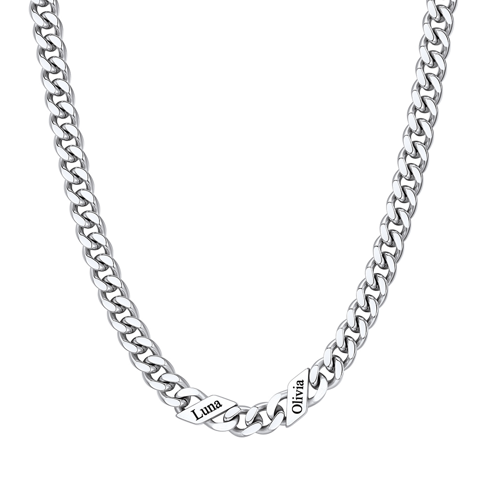 Custom 2 Names Cuban Chain Necklace  7MM Silver 