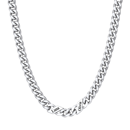 Custom 2 Names Cuban Chain Necklace  7MM Silver 