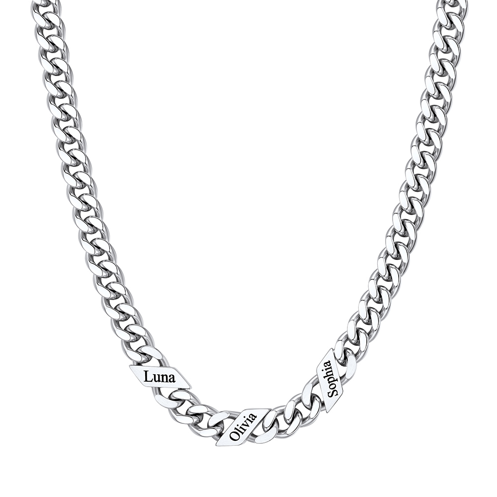 Custom 3 Names Cuban Chain Necklace  7MM Silver 